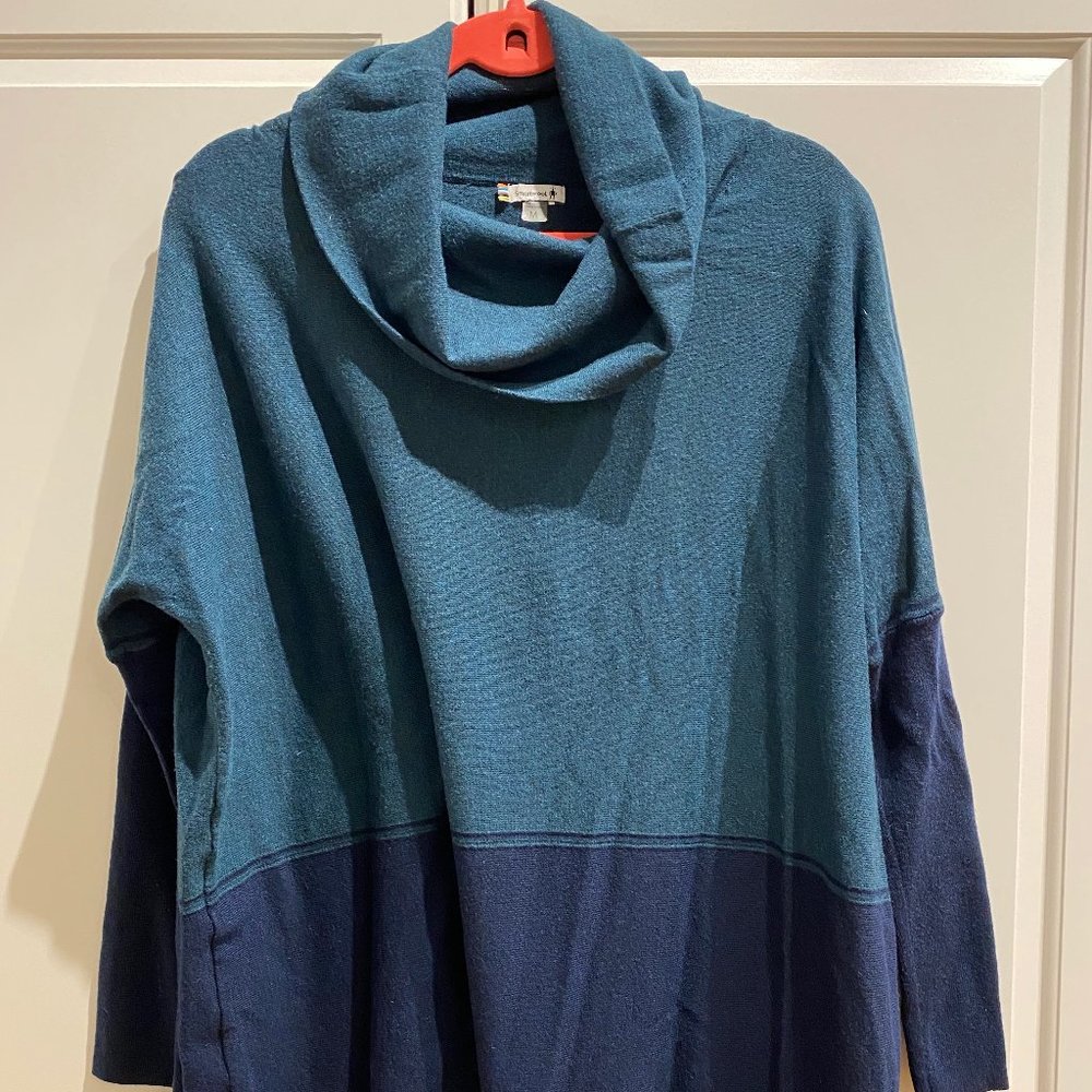 Like New Teal Navy Smartwool Cowl Neck Tunic Pancho Sweater